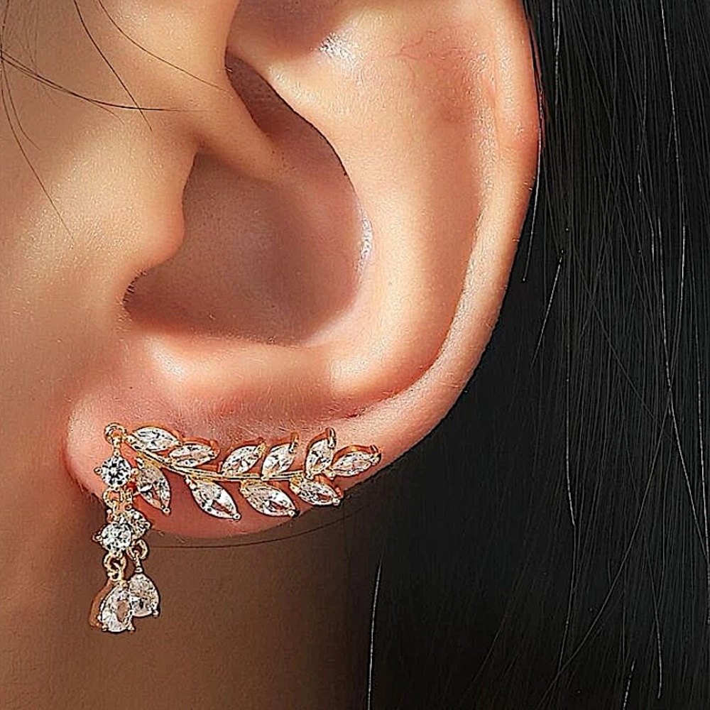 Gold Zircon Leaf Tassel Ear Climber Crystal Rhinestone Earrings